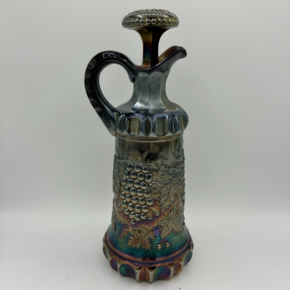Rare Vintage Amethyst Carnival Glass Grape Decanter Handled Cruet Stopper